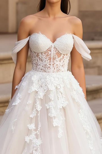 Corset Off The Shoulder Ivory Bridal Gown Dress With Appliques